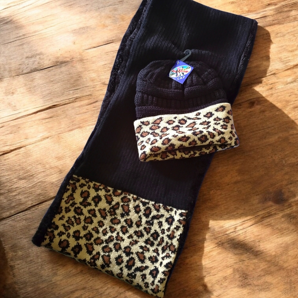 Black and Leopard Print Knit Infinity Scarf and Beanie Set